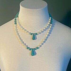 Pretty turquoise and pearl necklace with earrings . Handmade